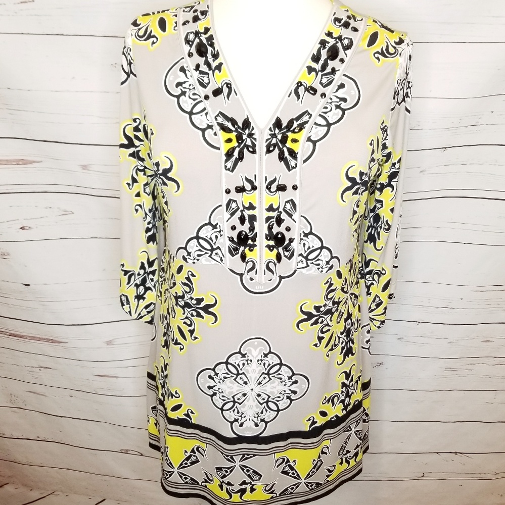 ALFANI Jeweled V-Neck Floral Black/Yellow Tunic 1X
